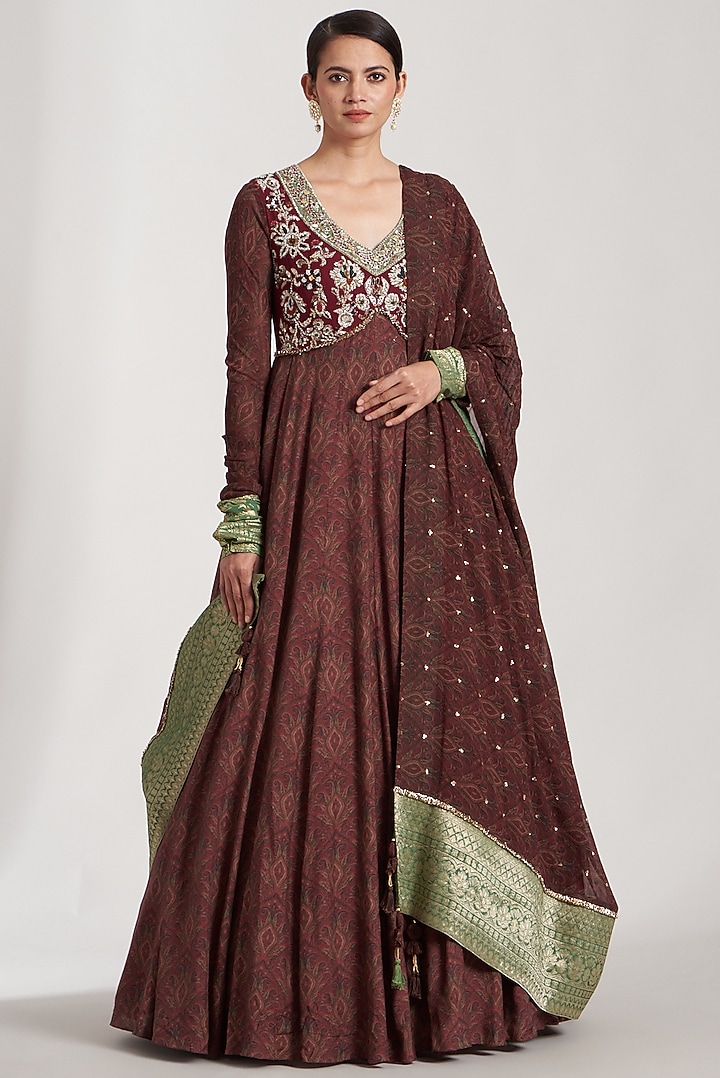 Maroon Pure Silk Printed Anarkali Set For Girls by Soniya G KIDS at Pernia's Pop Up Shop