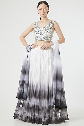 White & Black Ombre Georgette Lehenga Set For Girls by Soniya G KIDS