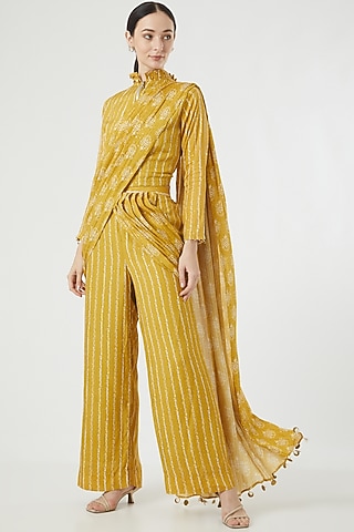 Mustard Cotton Printed Pant Set For Girls by Soniya G KIDS