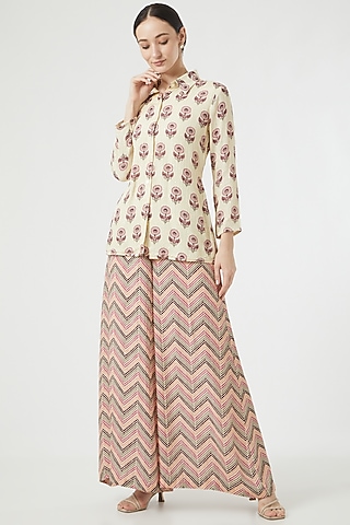 Pink Cotton Printed Pant Set For Girls by Soniya G KIDS