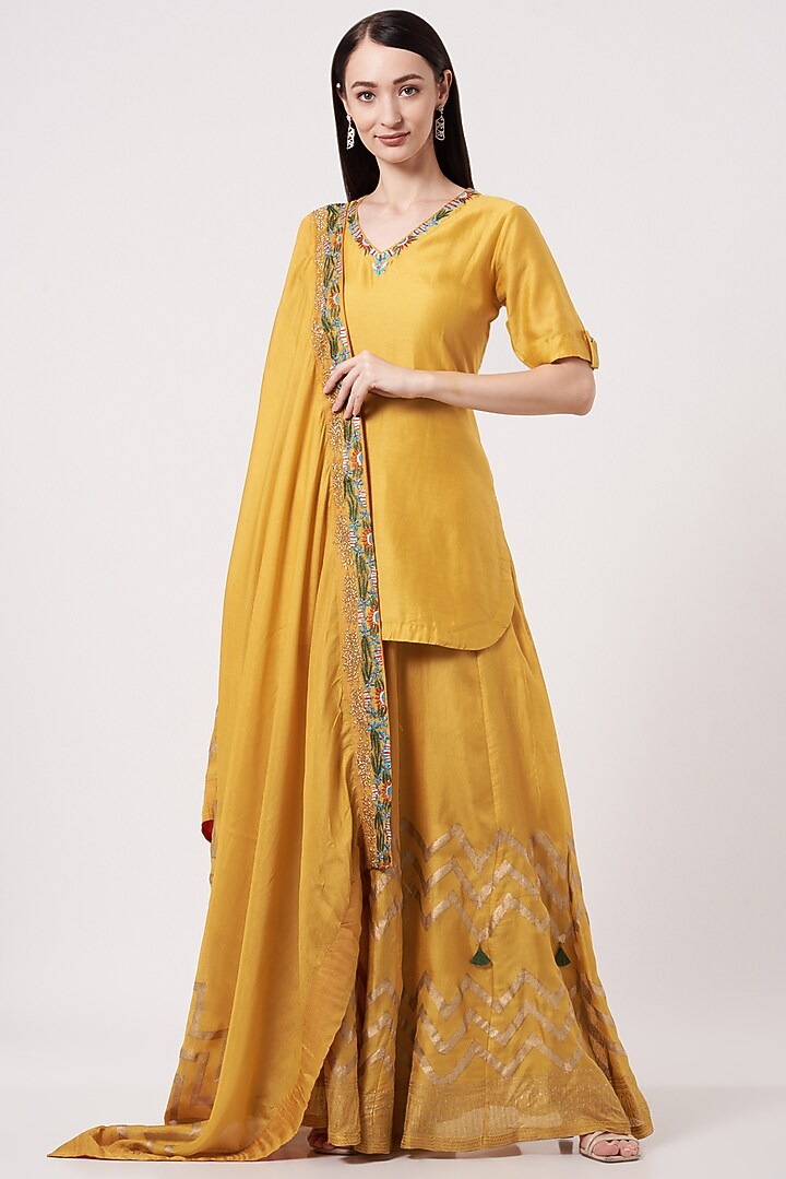 Mustard Handloom Silk & Organza Embroidered Gharara Set For Girls by Soniya G KIDS at Pernia's Pop Up Shop