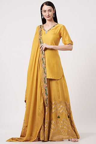 Mustard Handloom Silk & Organza Embroidered Gharara Set For Girls by Soniya G KIDS