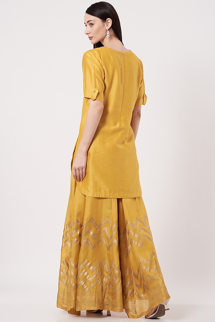 Mustard Handloom Silk & Organza Embroidered Gharara Set For Girls by Soniya G KIDS