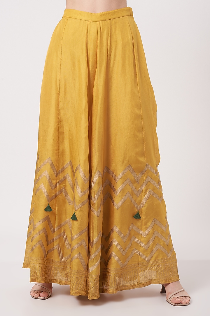 Mustard Handloom Silk & Organza Embroidered Gharara Set For Girls by Soniya G KIDS at Pernia's Pop Up Shop