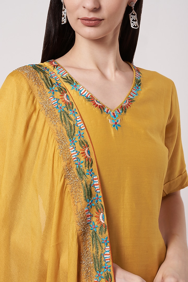 Mustard Handloom Silk & Organza Embroidered Gharara Set For Girls by Soniya G KIDS at Pernia's Pop Up Shop