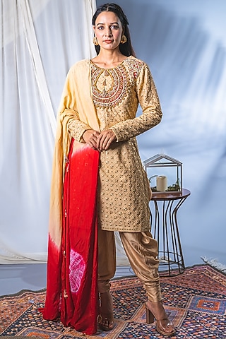 Beige Silk Blend Embroidered Kurta Set For Girls by Soniya G KIDS