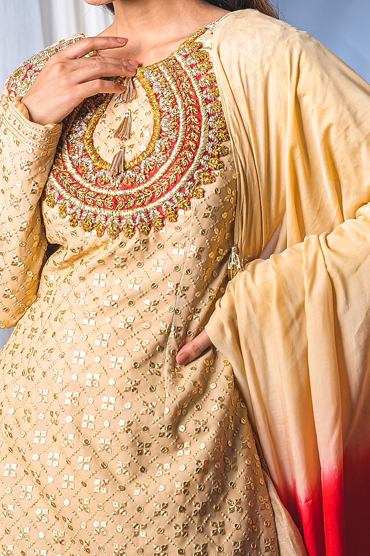 Beige Silk Blend Embroidered Kurta Set For Girls by Soniya G KIDS at Pernia's Pop Up Shop