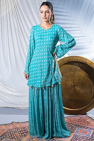Sky Blue Georgette Printed Sharara Set For Girls by Soniya G KIDS
