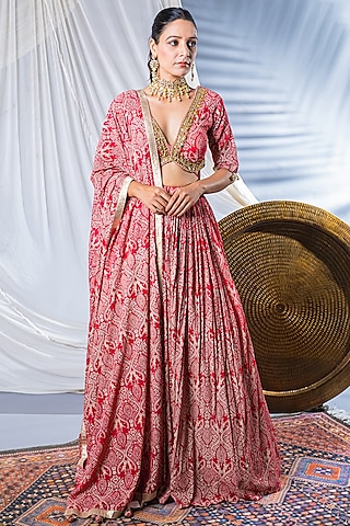 Indian Red Chanderi Printed Lehenga Set For Girls by Soniya G KIDS