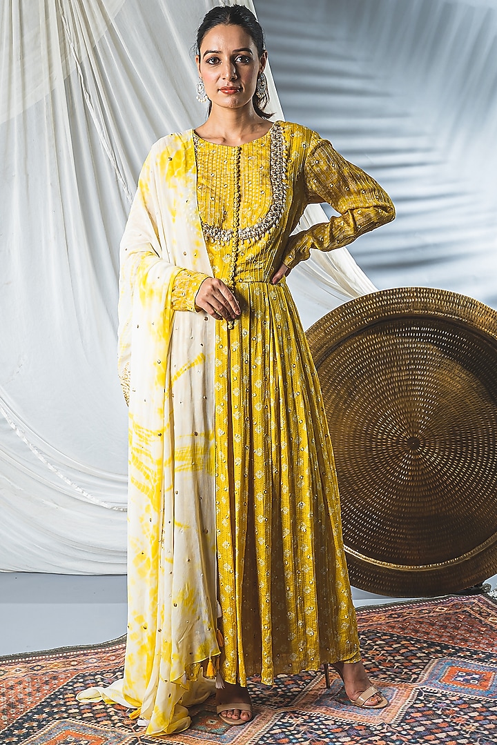 Yellow Lucknowi Embroidered Anarkali Set For Girls by Soniya G KIDS