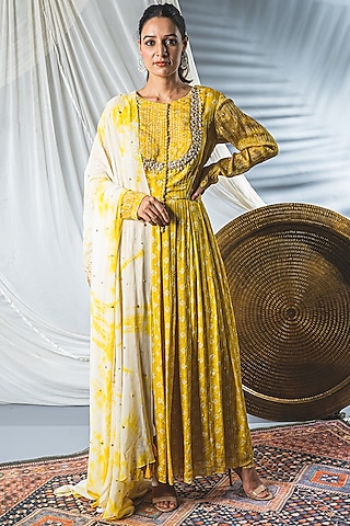 Yellow Lucknowi Embroidered Anarkali Set For Girls by Soniya G KIDS
