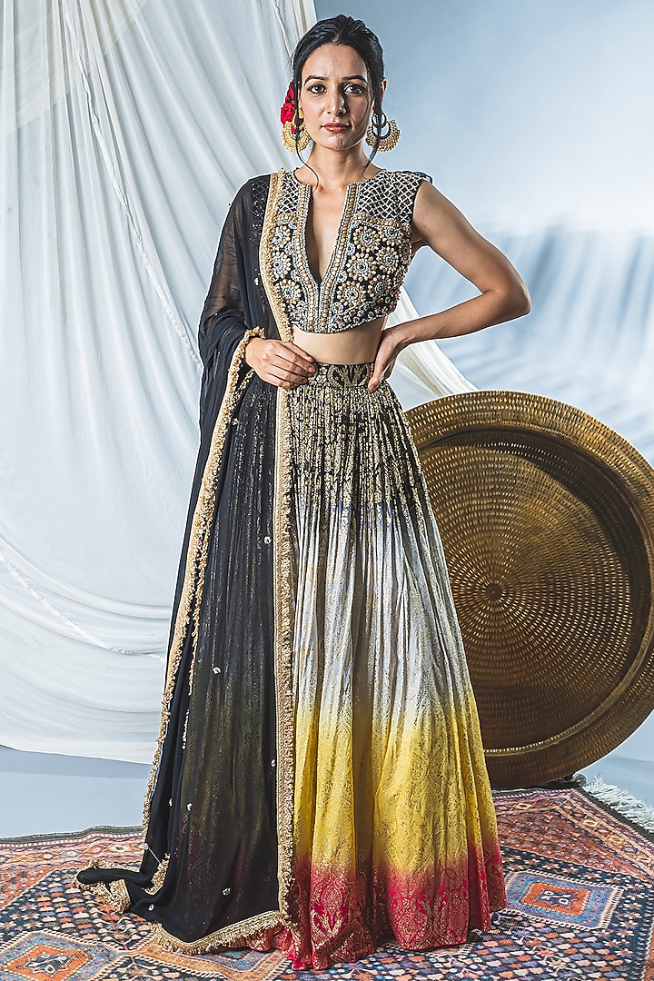 Black Ombre Chanderi Embroidered Lehenga Set For Girls by Soniya G KIDS at Pernia's Pop Up Shop