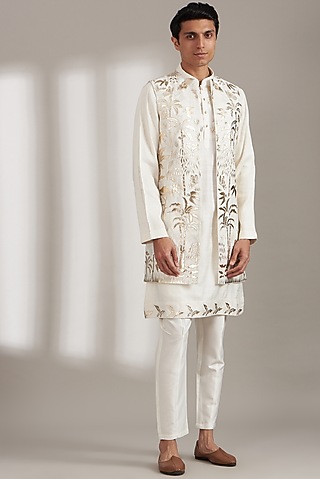 Ivory Handloom Silk Kurta Jacket Set For Boys by Soniya G KIDS