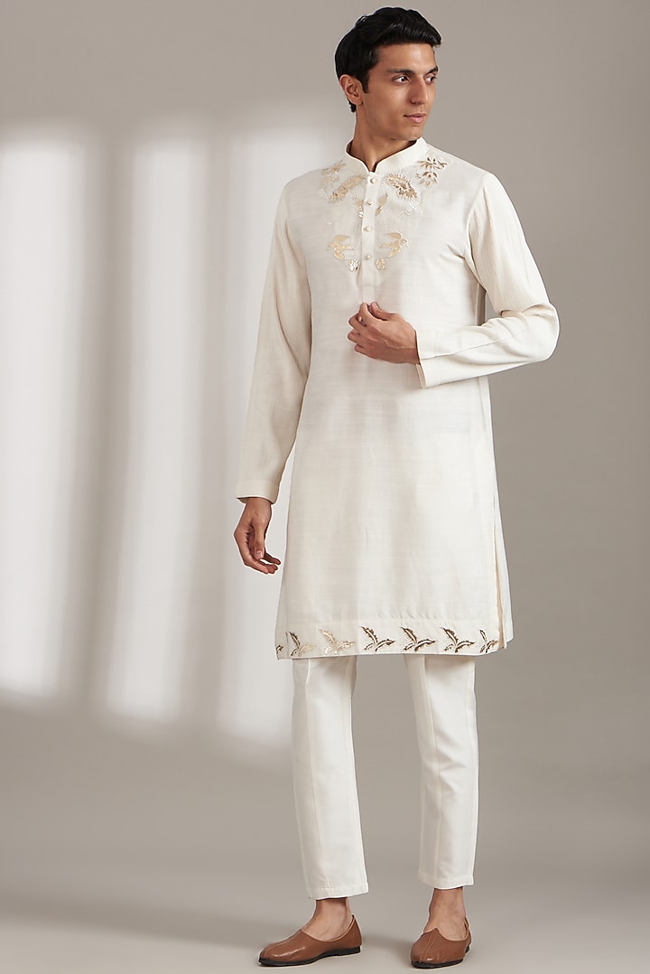 Ivory Handloom Silk Kurta Jacket Set For Boys by Soniya G KIDS at Pernia's Pop Up Shop