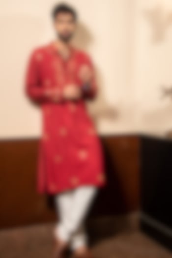 Brick Red Pure Cotton Embroidered Kurta Set For Boys by Soniya G KIDS at Pernia's Pop Up Shop