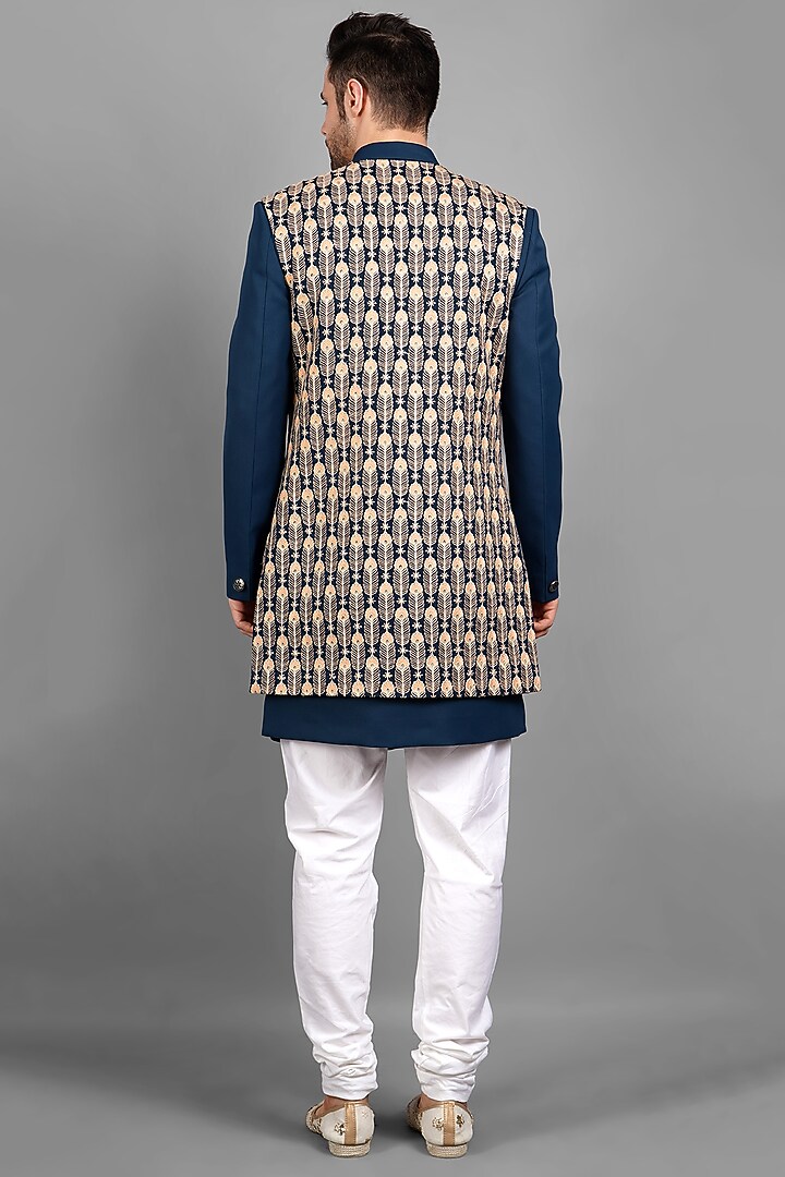 Turquoise Silk Indowestern Set For Boys by Soniya G KIDS at Pernia's Pop Up Shop