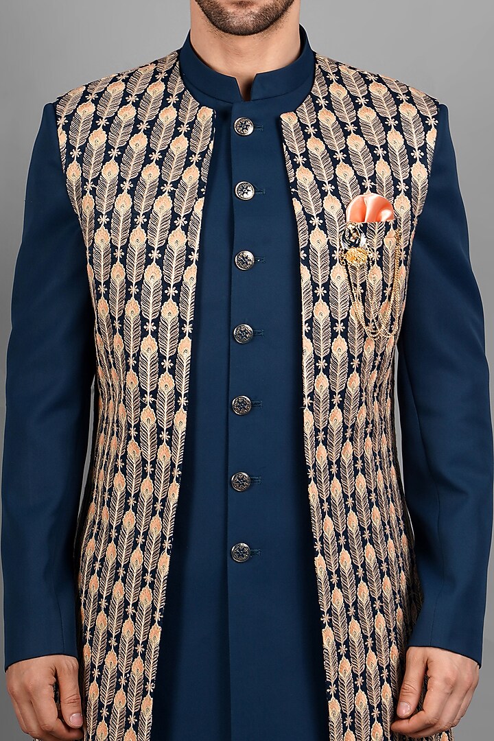 Turquoise Silk Indowestern Set For Boys by Soniya G KIDS at Pernia's Pop Up Shop