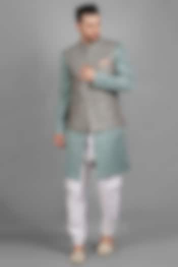 Pistachio Green Silk Bundi Jacket With Kurta Set For Boys by Soniya G KIDS at Pernia's Pop Up Shop