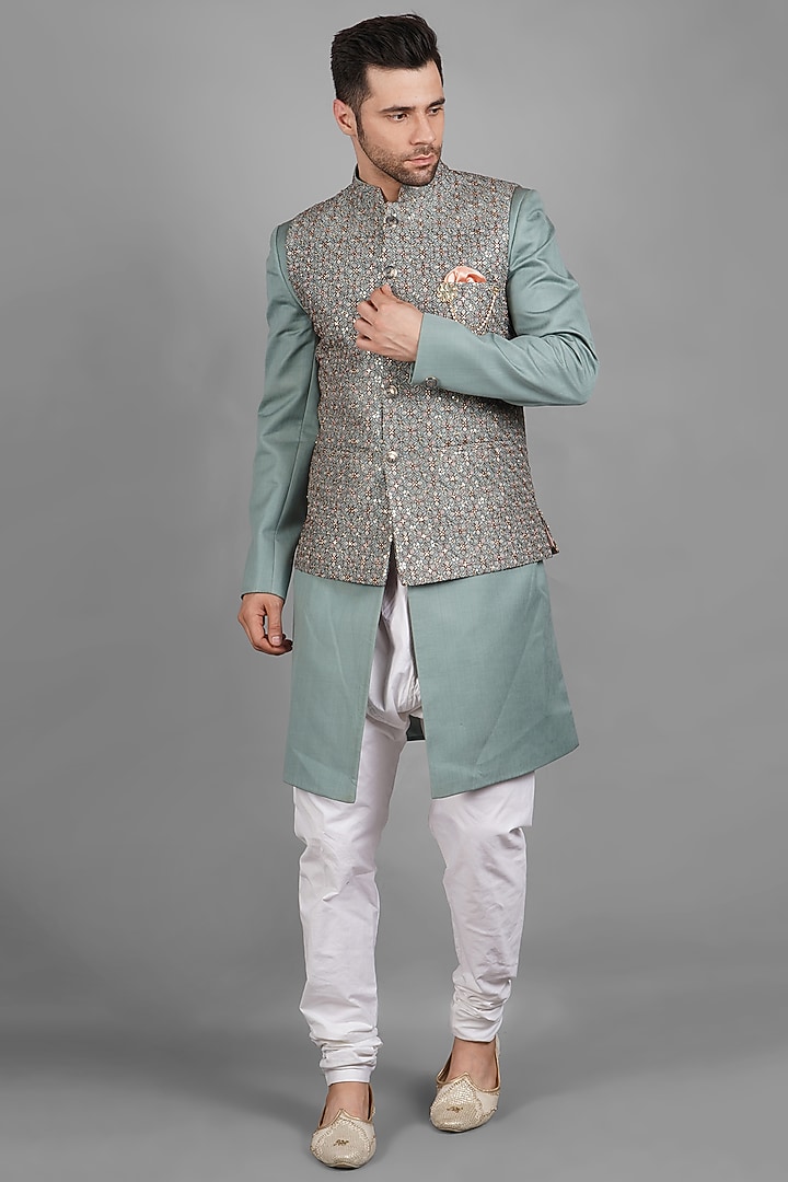 Pistachio Green Silk Bundi Jacket With Kurta Set For Boys by Soniya G KIDS at Pernia's Pop Up Shop
