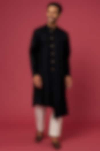 Black Silk Draped Kurta Set For Boys by Soniya G KIDS at Pernia's Pop Up Shop