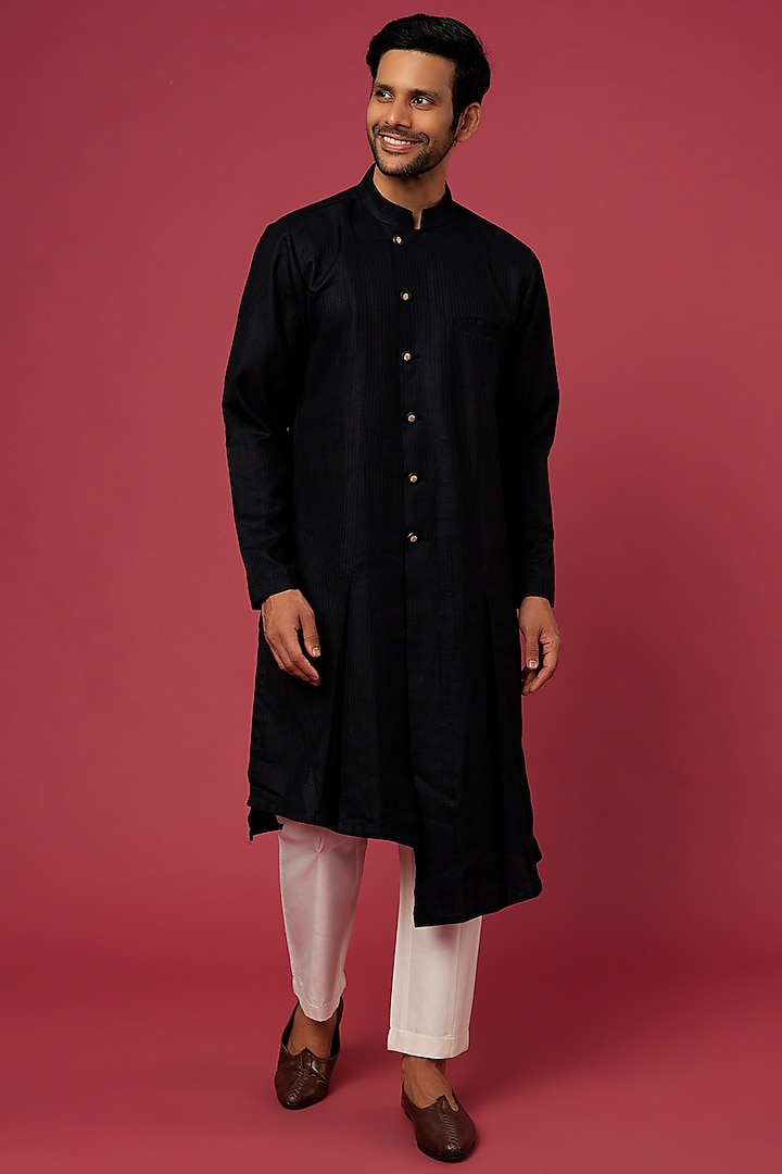 Black Silk Draped Kurta Set For Boys by Soniya G KIDS at Pernia's Pop Up Shop