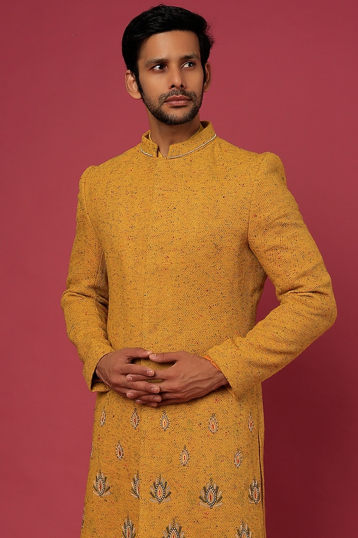 Mustard Embroidered Indo Western Set For Boys by Soniya G KIDS at Pernia's Pop Up Shop