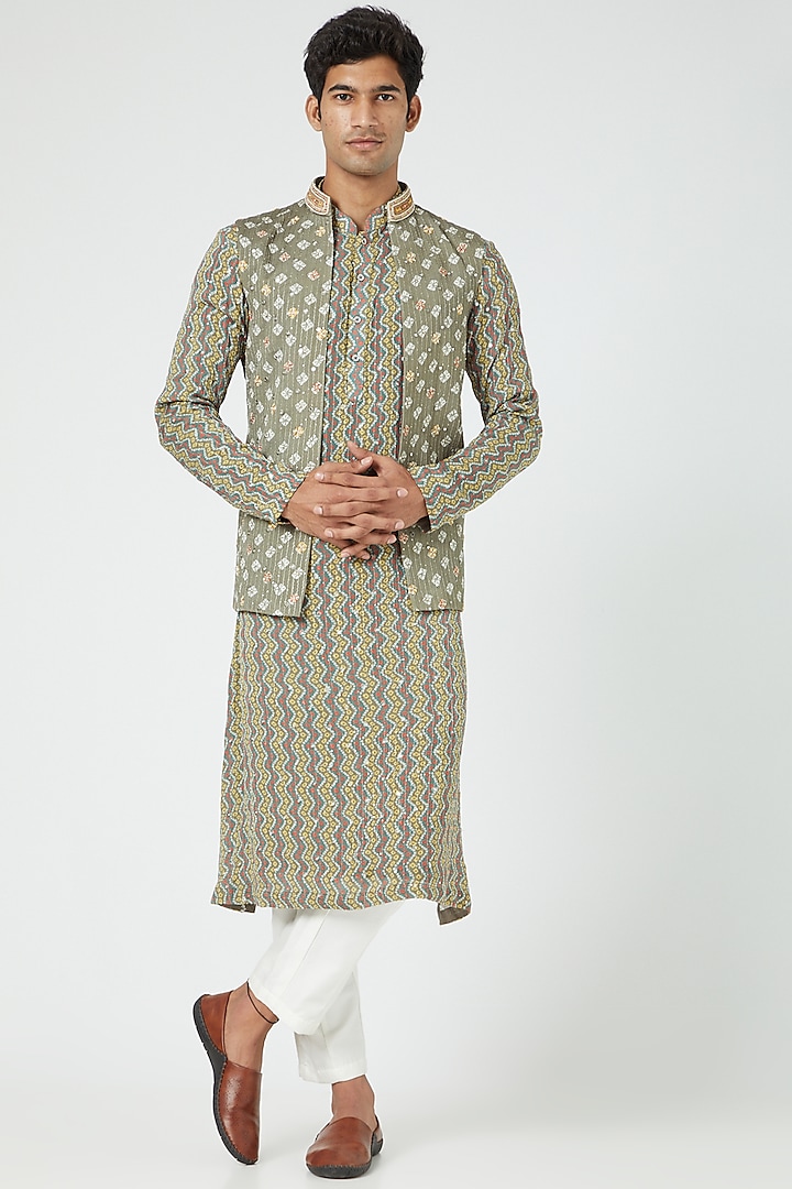 Mint Green Silk Blend Jacket With Kurta Set For Boys by Soniya G KIDS