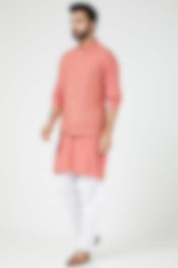 Peach Lucknowi Bundi Jacket With Kurta Set For Boys by Soniya G KIDS