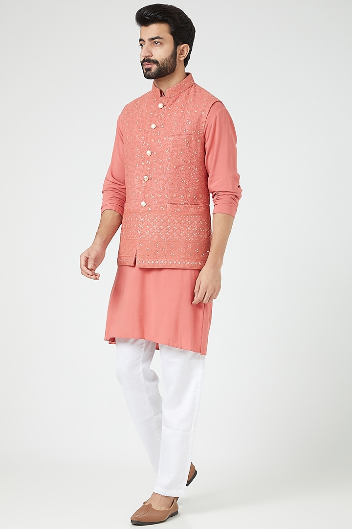 Peach Lucknowi Bundi Jacket With Kurta Set For Boys by Soniya G KIDS