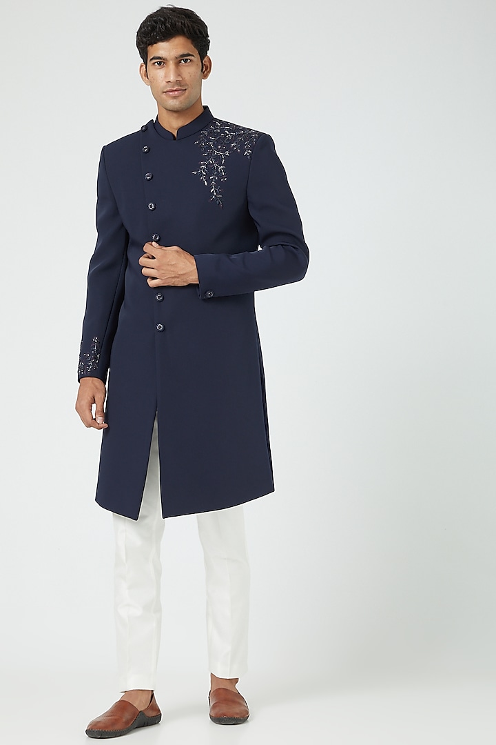 Navy Blue Embroidered Indo-Western Set For Boys by Soniya G KIDS