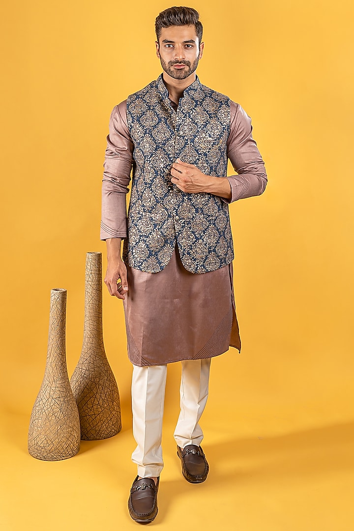 Lilac Silk Kurta Set With Bundi Jacket For Boys by Soniya G KIDS