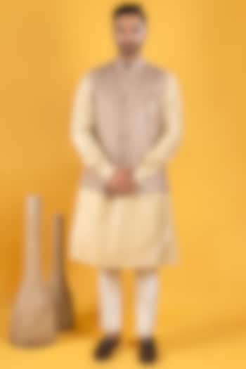 Mango Yellow Silk Kurta Set With Bundi Jacket For Boys by Soniya G KIDS