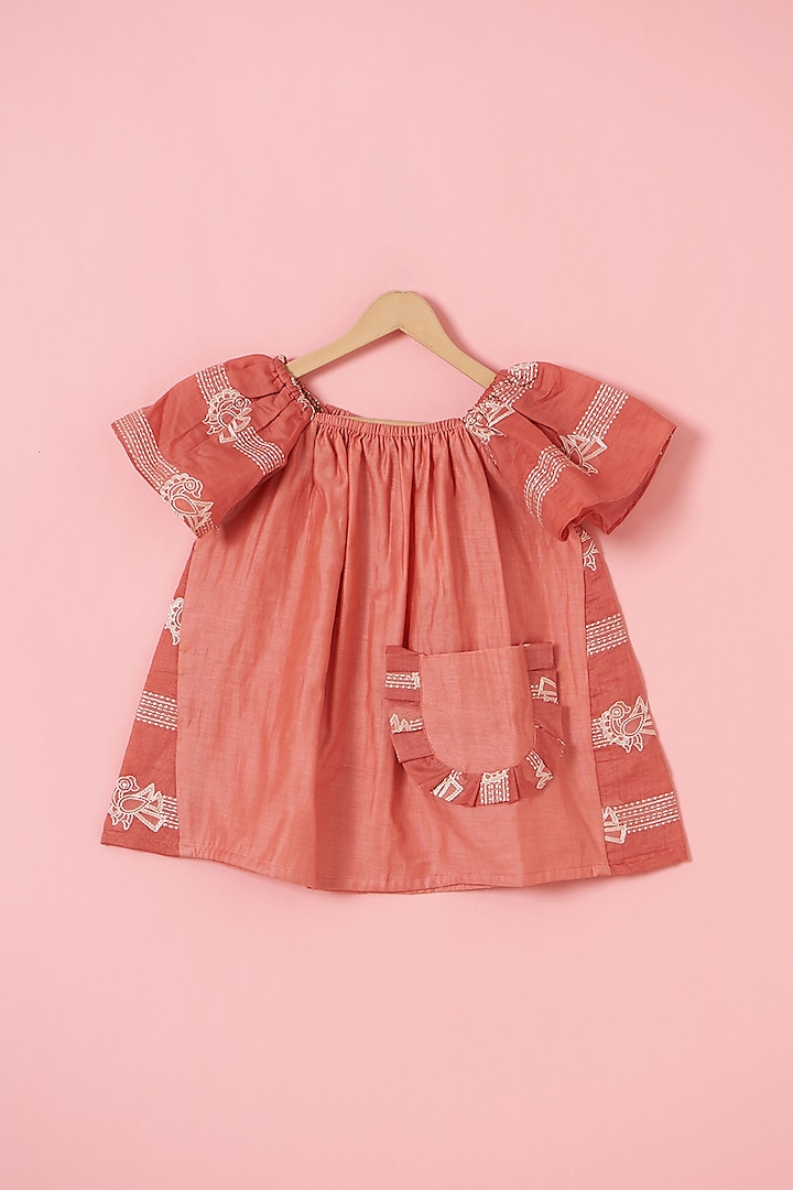 Red Chanderi Machine Embroidered Dress For Girls by SnuggleMe