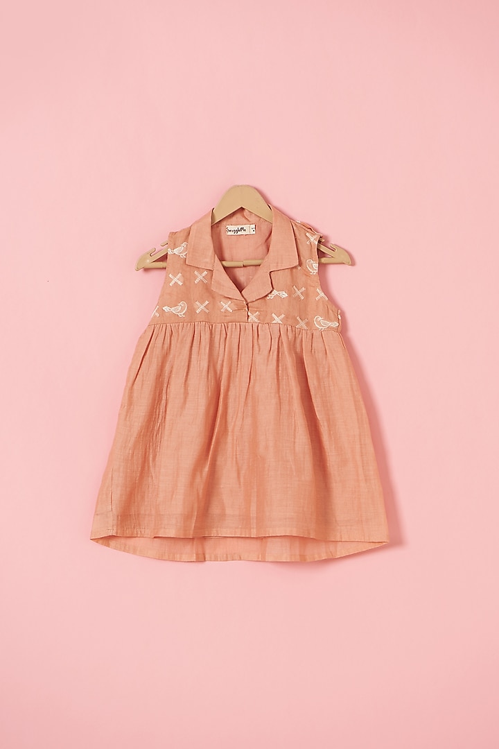 Peach Chanderi Machine Embroidered Flowy Dress For Girls by SnuggleMe