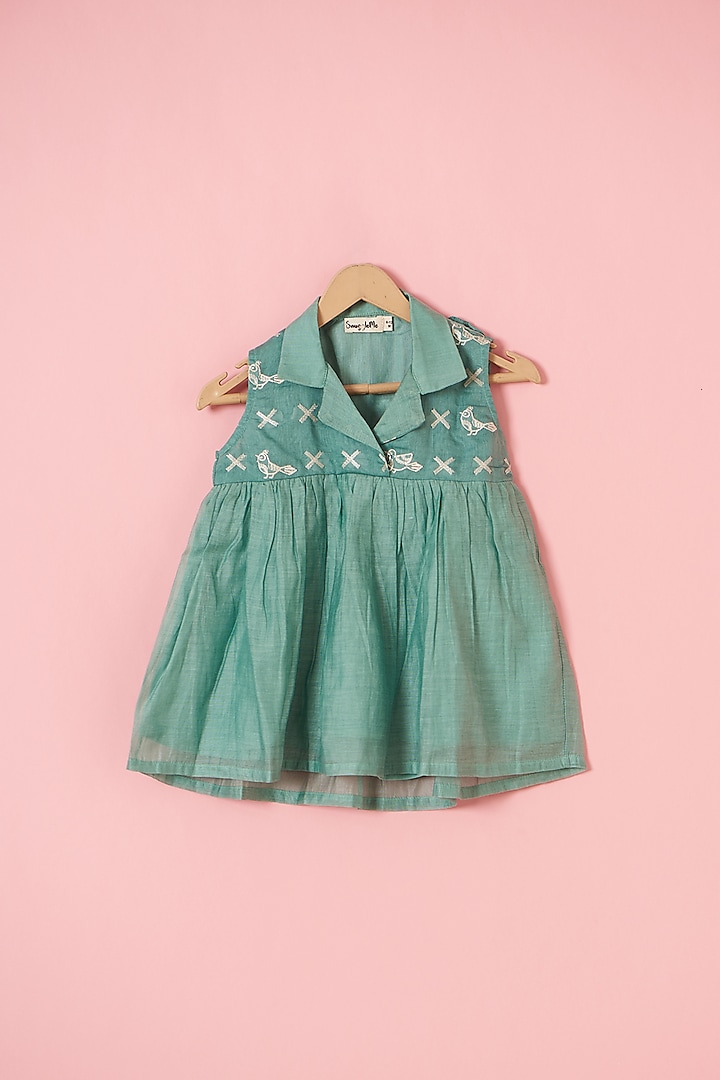 Powder Blue Chanderi Machine Embroidered Flowy Dress For Girls by SnuggleMe