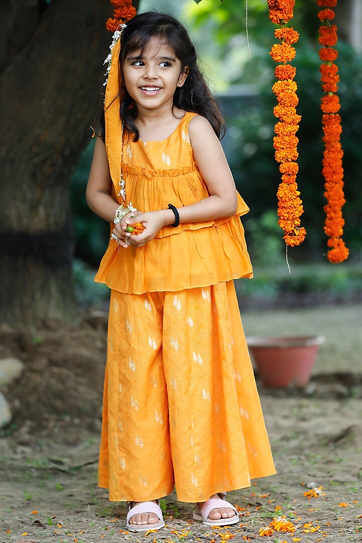 Yellow Chanderi Motif Flared Palazzo Pant Set For Girls by SnuggleMe