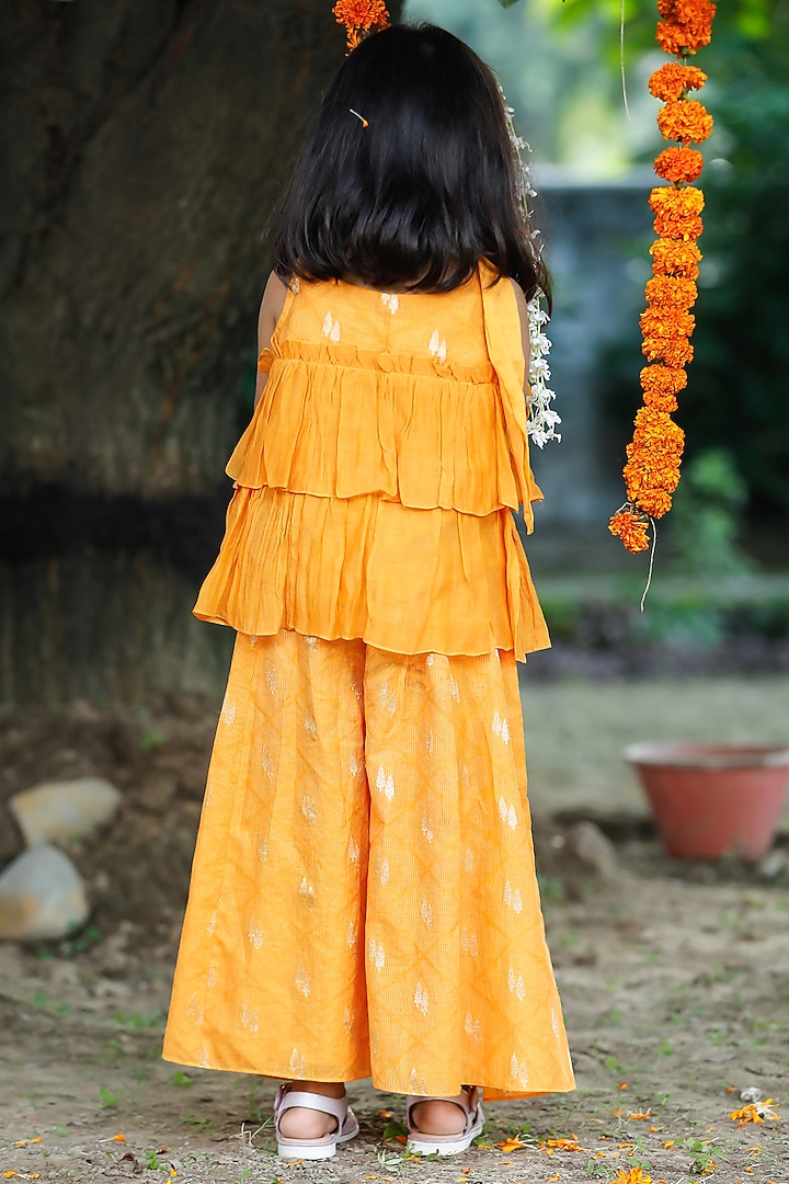 Yellow Chanderi Motif Flared Palazzo Pant Set For Girls by SnuggleMe at Pernia's Pop Up Shop