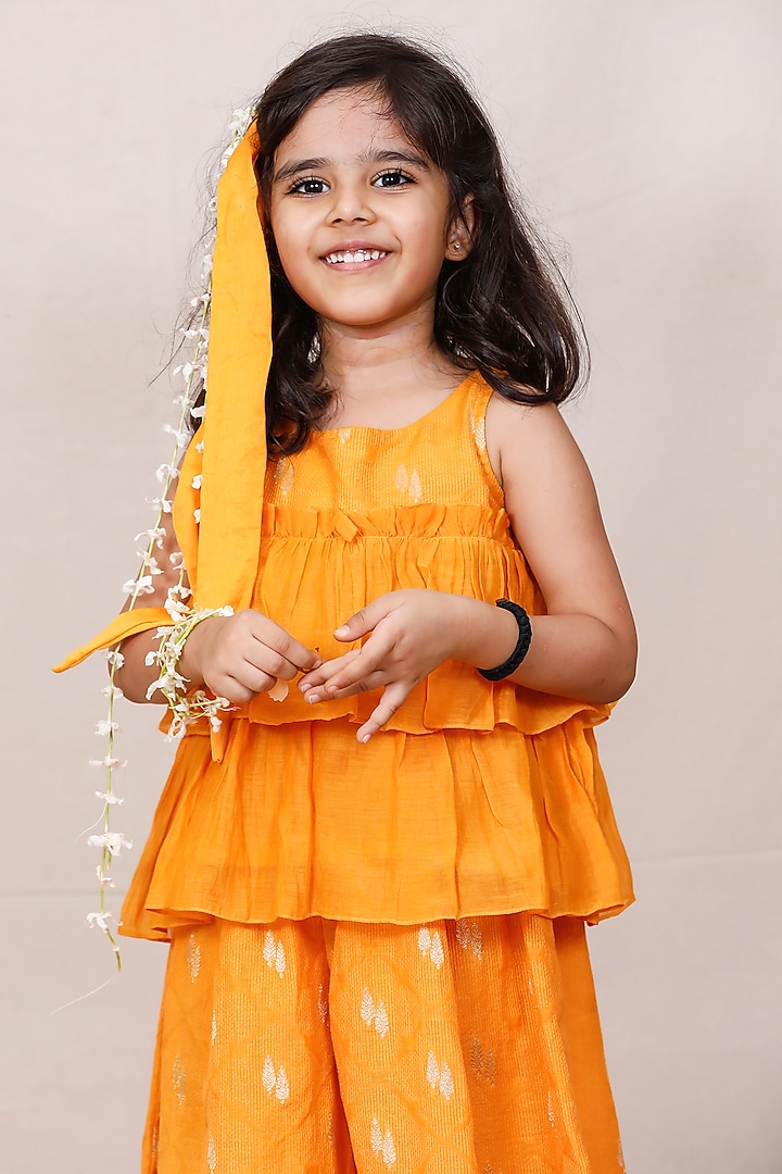 Yellow Chanderi Motif Flared Palazzo Pant Set For Girls by SnuggleMe at Pernia's Pop Up Shop