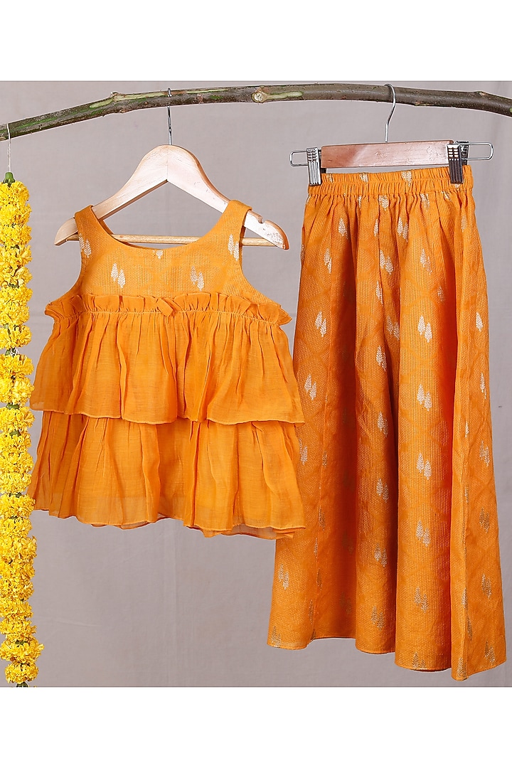 Yellow Chanderi Motif Flared Palazzo Pant Set For Girls by SnuggleMe at Pernia's Pop Up Shop