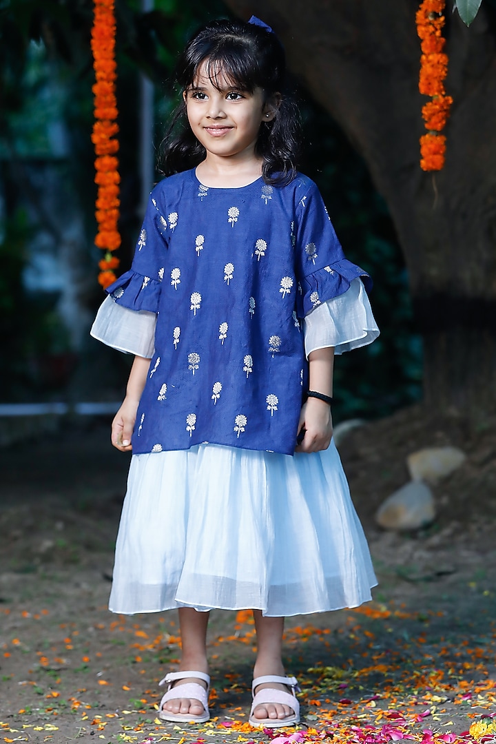 Blue Chanderi Layered Dress For Girls by SnuggleMe