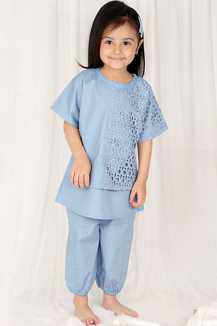 Powder Blue Cotton Poplin Machine Embroidered Co-Ord Set For Girls by SnuggleMe
