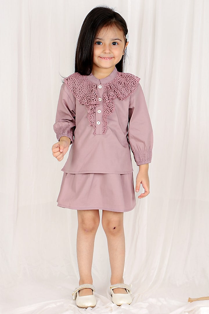 Mauve Cotton Poplin Machine Embroidered Layered Dress For Girls by SnuggleMe
