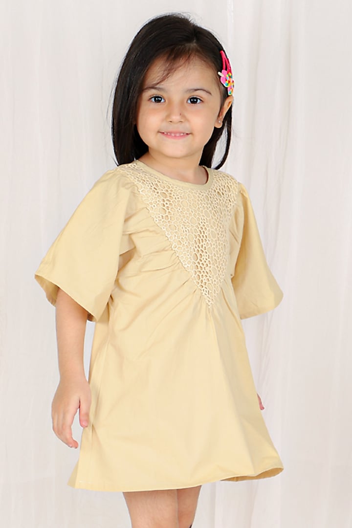 Beige Cotton Poplin Machine Embroidered Dress For Girls by SnuggleMe