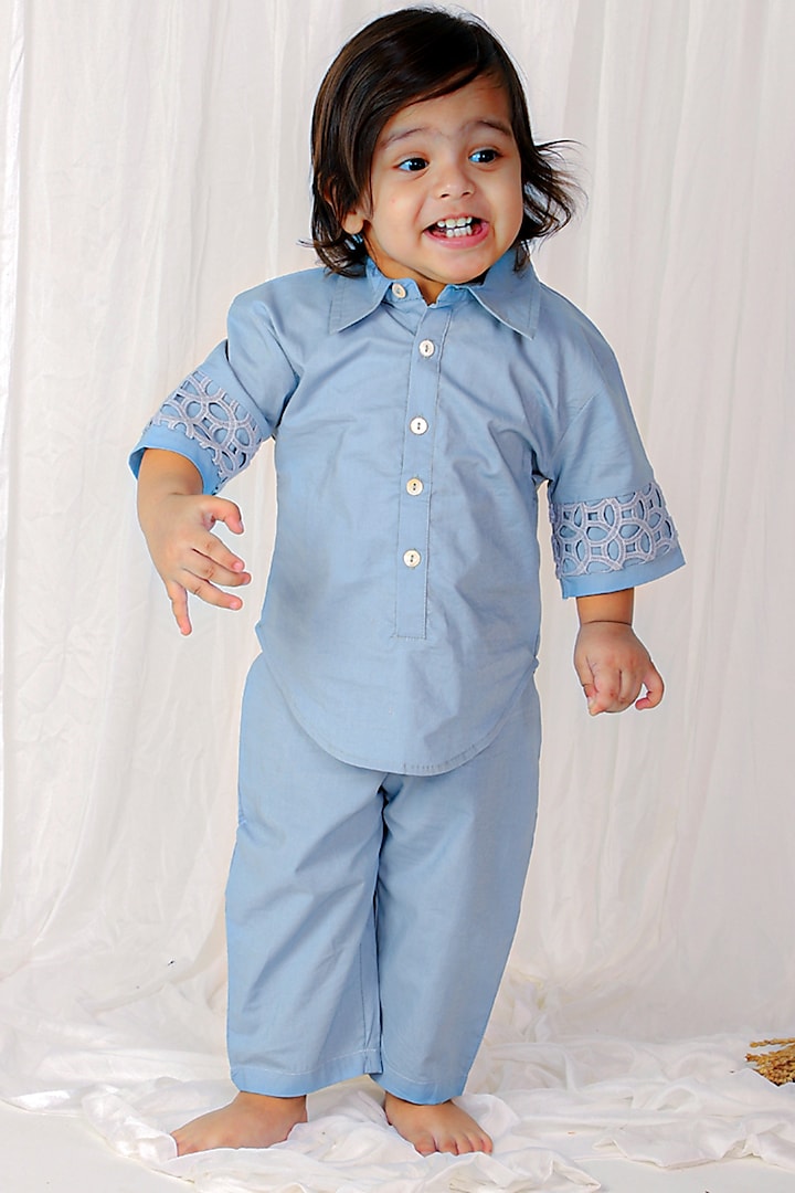 Powder Blue Cotton Poplin Machine Embroidered Co-Ord Set For Boys by SnuggleMe