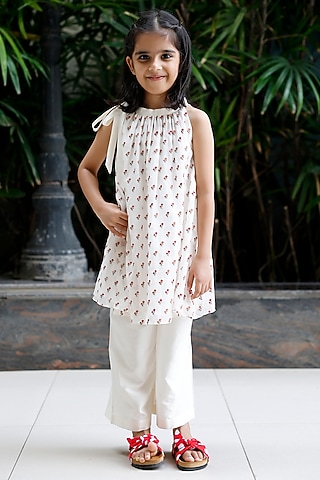 White Chanderi Boota Embroidered Kurta Set For Girls by SnuggleMe