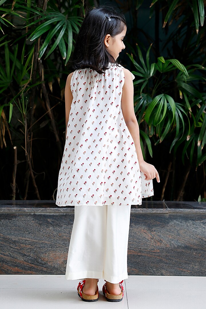 White Chanderi Boota Embroidered Kurta Set For Girls by SnuggleMe at Pernia's Pop Up Shop