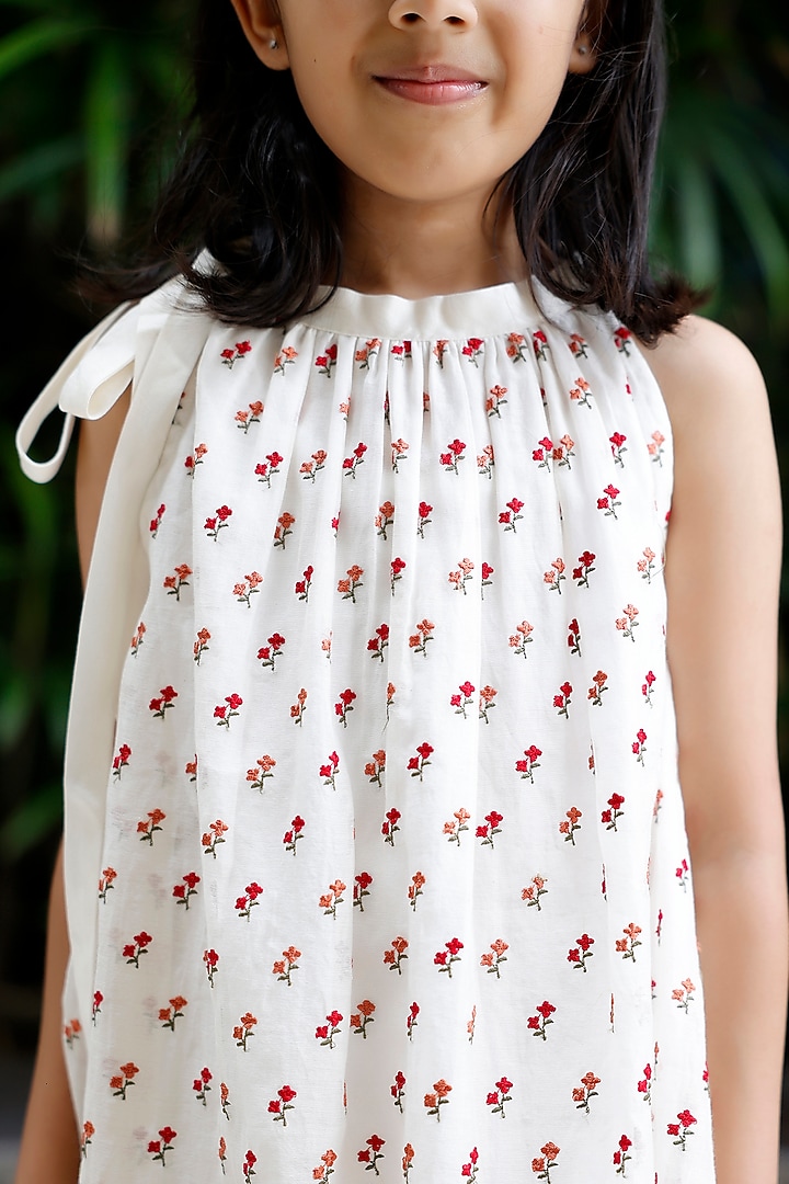 White Chanderi Boota Embroidered Kurta Set For Girls by SnuggleMe at Pernia's Pop Up Shop