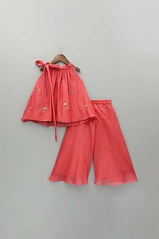 Red Chanderi Thread Embroidered Kurta Set For Girls by SnuggleMe