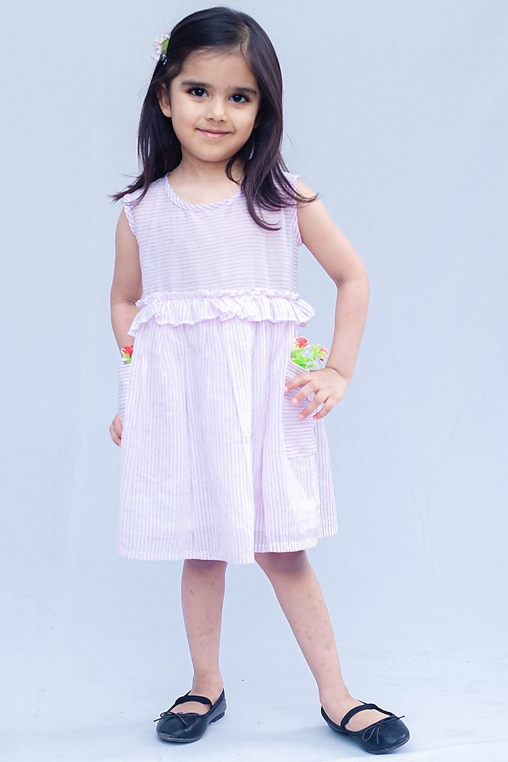 Off-White Cotton Striped Dress For Girls by SnuggleMe