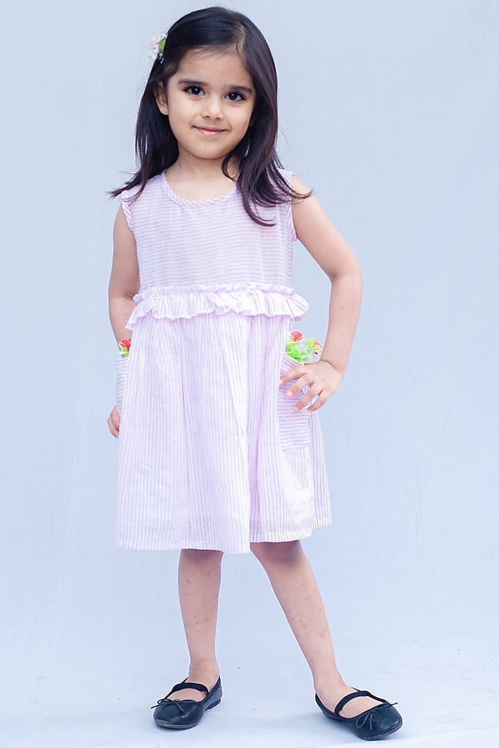 Off-White Cotton Striped Dress For Girls by SnuggleMe at Pernia's Pop Up Shop